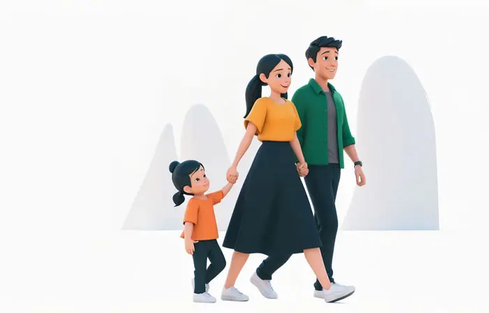 Baby Girl with Parents Walking at Road 3D Picture Cartoon Illustration image